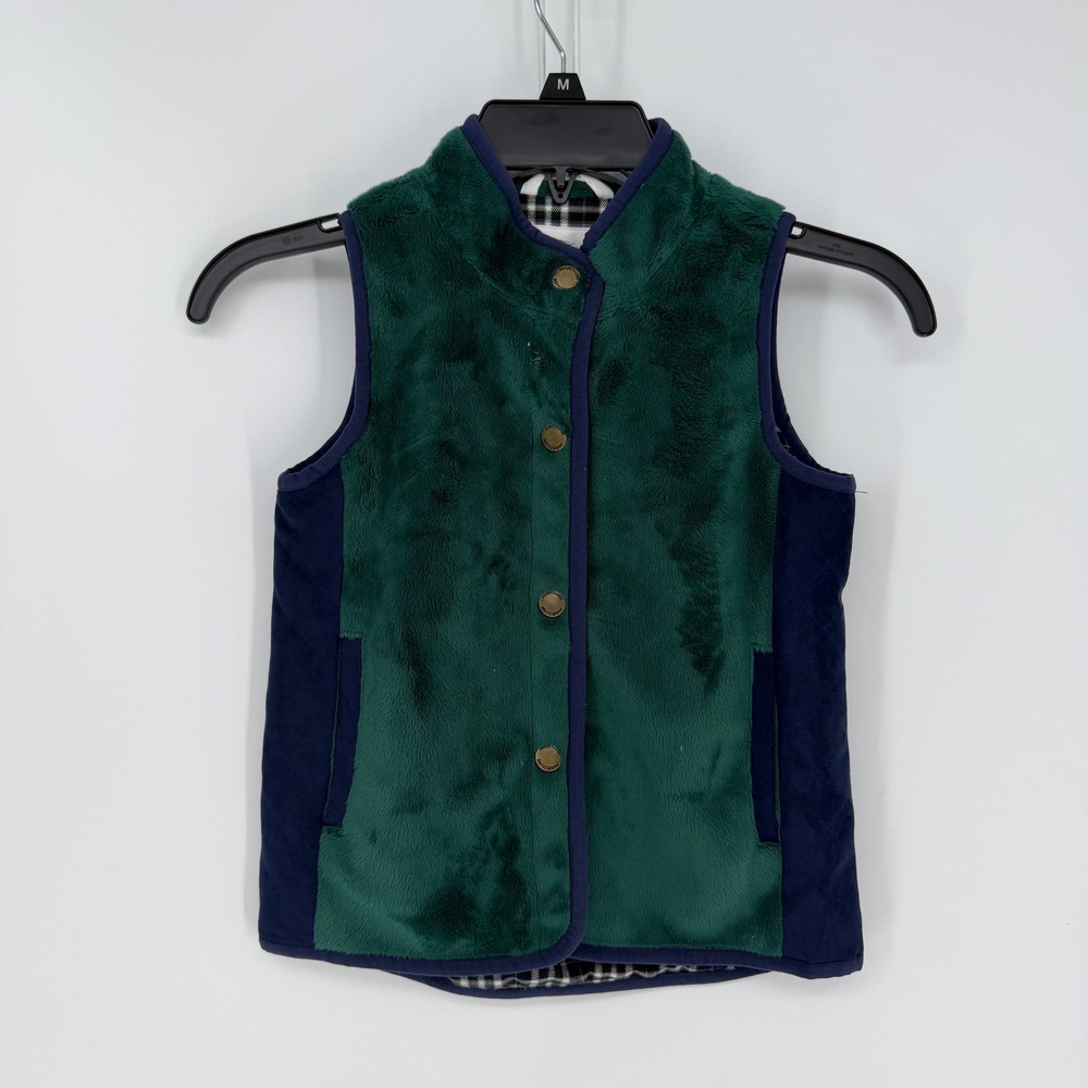 MerriMane Faux Fur Vest Girls 5Y Green Navy Plaid Lining Snap Front Equestrian